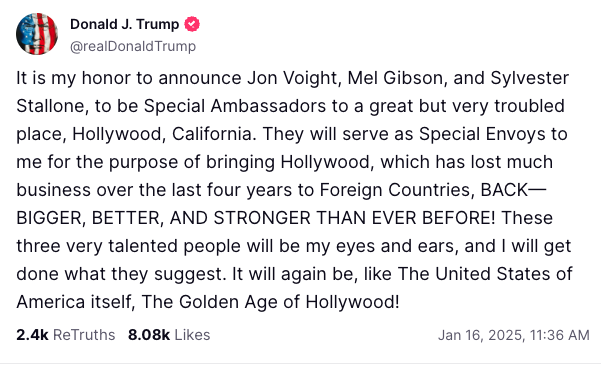 Trump Truth social post announcing ambassadors to hollywood.